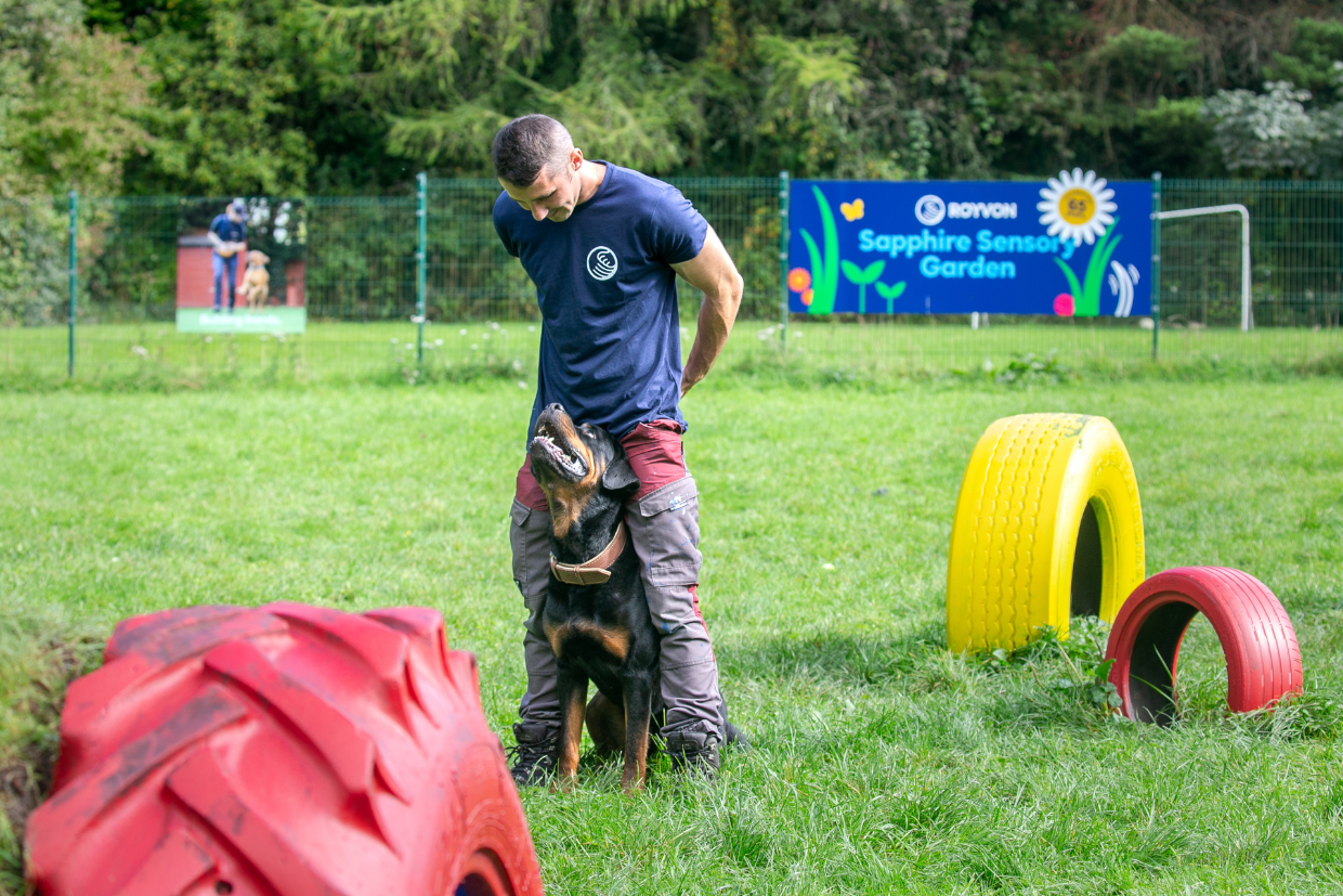 man playing with a dog in the sensory garden