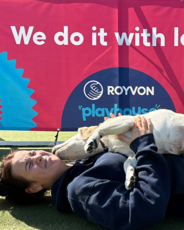 dog-lying-down-with-trainer Dog lying down licking trainer
